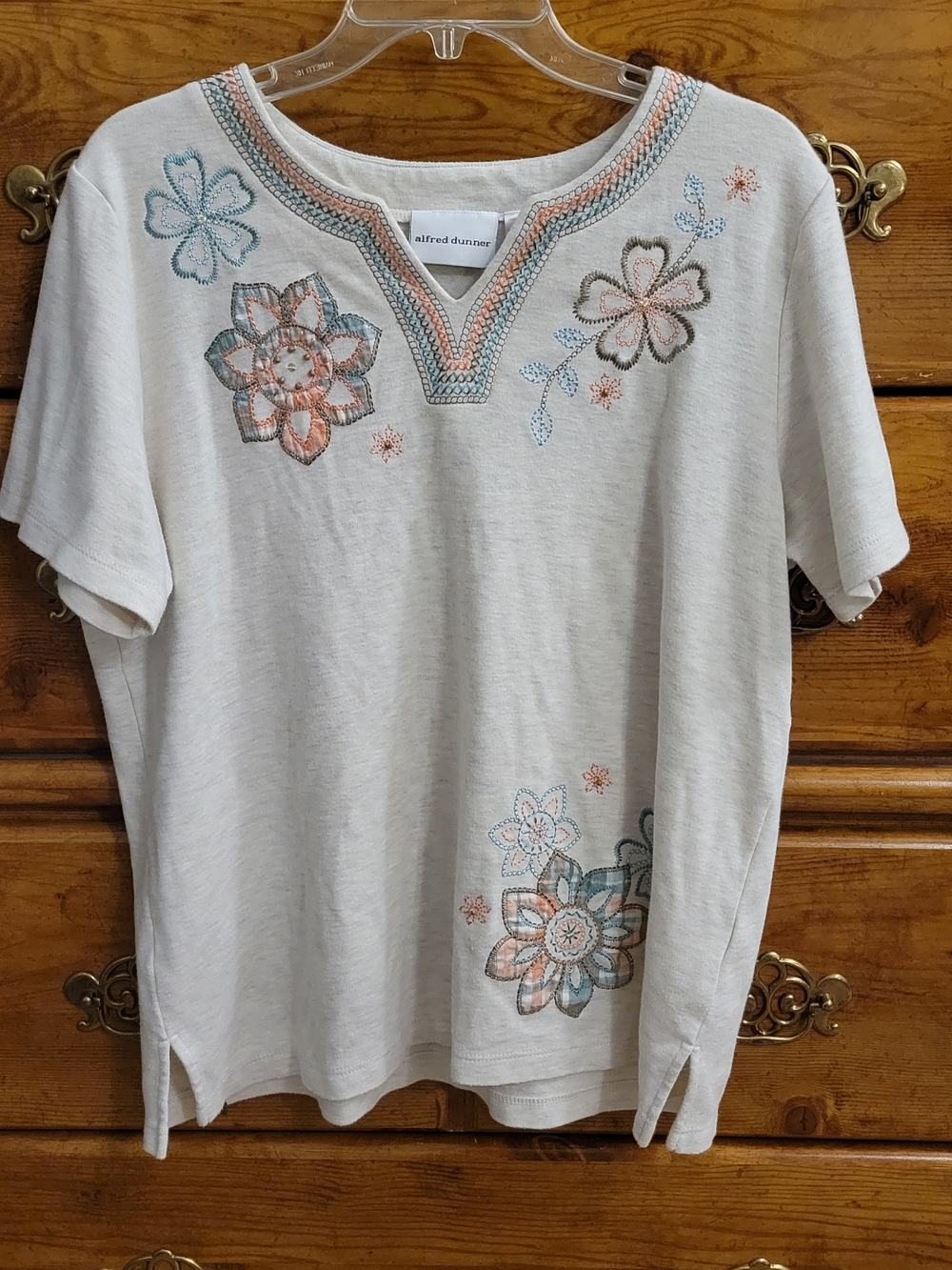 Alfred Dunner Women's Cream Short Sleeve with Blue and Peach Floral Embroidery